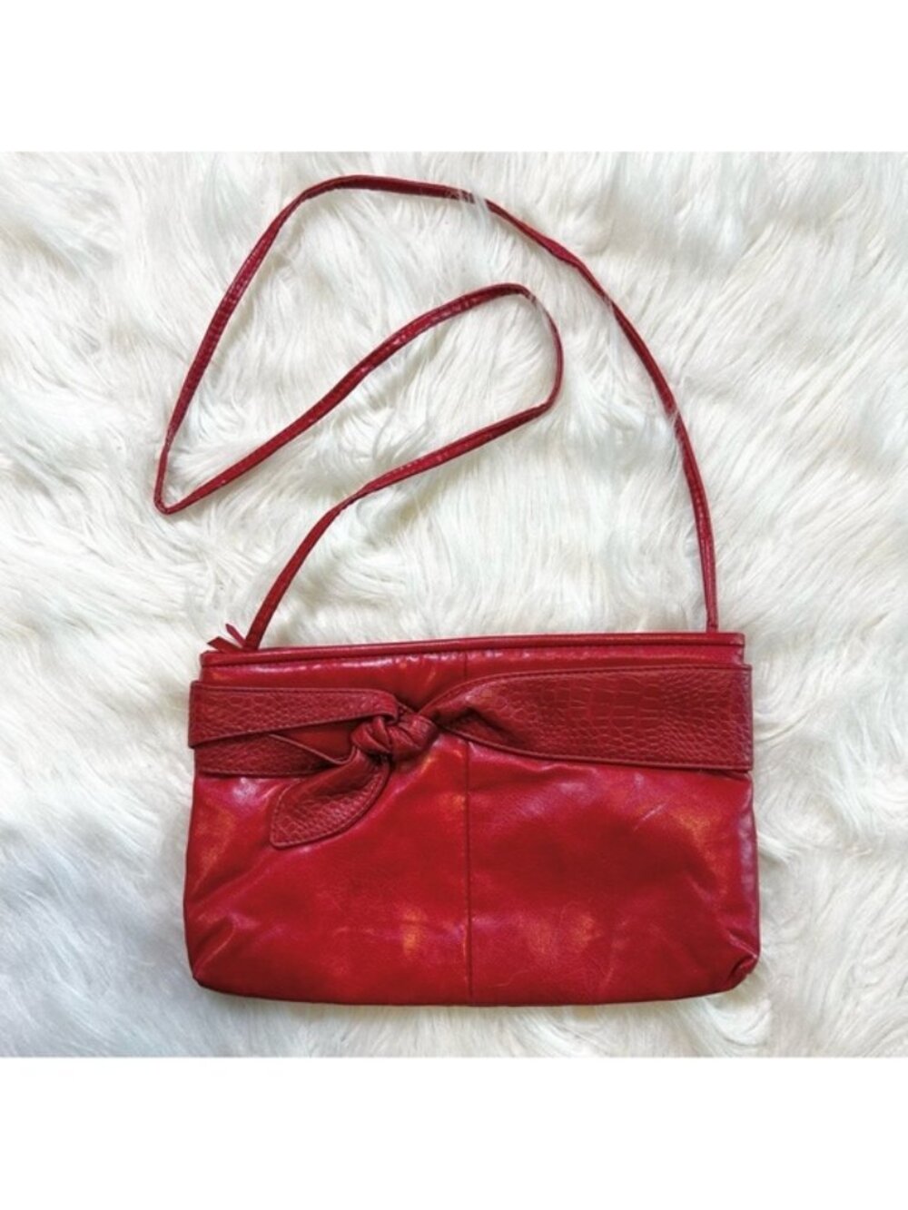 Red Faux Leather Crossbody Bag with Bow Detail and Textured Trim Slim Profile‎